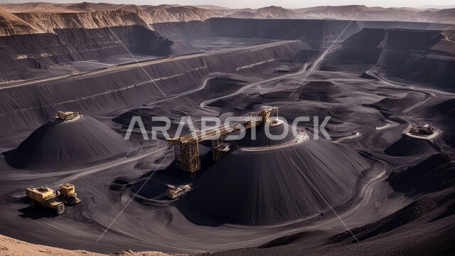 Arab natural coal mines, exploration areas for underground resources, highlands and mountain peaks in the Kingdom of Saudi Arabia, a large freight truck working at the mining site