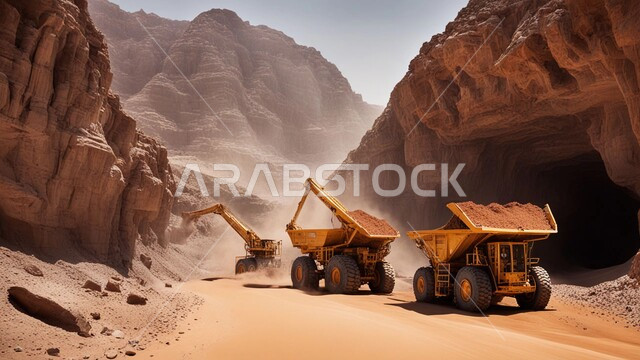 التكوينات والتشكيلات الصخرية، عدد من السيارات والآليات الثقيلة تقوم بالحفر والعمل في موقع التعدين، نقل الأتربة بواسطة الشاحنات، مناطق التنقيب عن الثروات الباطنية الخام، أماكن مناجم الفحم الطبيعي، المرتفعات والسلاسل الجبلية في المملكة العربية السعودية