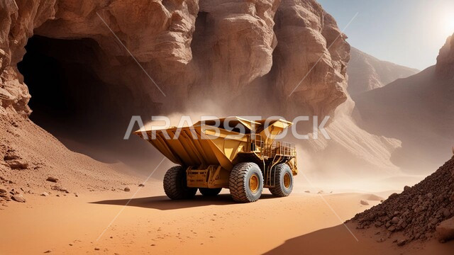 Rock formations and formations, a number of cars and heavy machinery digging and working at the mining site, transporting soil by trucks, areas for prospecting for raw underground resources, locations of natural coal mines, highlands and mountain ranges in the Kingdom of Saudi Arabia