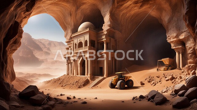 التكوينات والتشكيلات الصخرية، عدد من السيارات والآليات الثقيلة تقوم بالحفر والعمل في موقع التعدين، نقل الأتربة بواسطة الشاحنات، مناطق التنقيب عن الثروات الباطنية الخام، أماكن مناجم الفحم الطبيعي، المرتفعات والسلاسل الجبلية في المملكة العربية السعودية