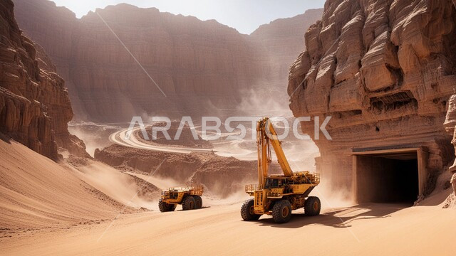 التكوينات والتشكيلات الصخرية، عدد من السيارات والآليات الثقيلة تقوم بالحفر والعمل في موقع التعدين، نقل الأتربة بواسطة الشاحنات، مناطق التنقيب عن الثروات الباطنية الخام، أماكن مناجم الفحم الطبيعي، المرتفعات والسلاسل الجبلية في المملكة العربية السعودية