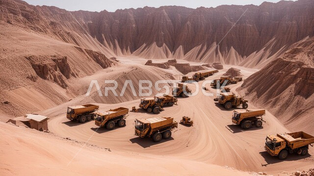 أماكن المناجم في المملكة العربية السعودية سيارة شحن كبيرة تقوم بالعمل في موقع التعدين، مناطق التنقيب عن الثروات الباطنية، الطبيعة الصخرية وتضاريس السلاسل الجبلية، التخلص من الأتربة والصخور ونقلها بعيدا