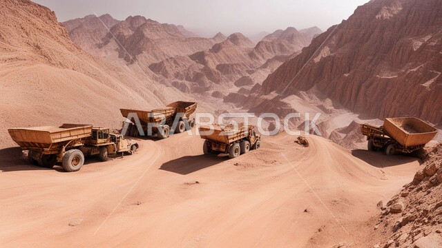 أماكن المناجم في المملكة العربية السعودية سيارة شحن كبيرة تقوم بالعمل في موقع التعدين، مناطق التنقيب عن الثروات الباطنية، الطبيعة الصخرية وتضاريس السلاسل الجبلية، التخلص من الأتربة والصخور ونقلها بعيدا