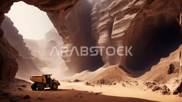 أماكن المناجم في المملكة العربية السعودية سيارة شحن كبيرة تقوم بالعمل في موقع التعدين، مناطق التنقيب عن الثروات الباطنية، الطبيعة الصخرية وتضاريس السلاسل الجبلية، التخلص من الأتربة والصخور ونقلها بعيدا