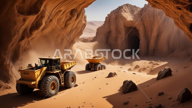 أماكن المناجم في المملكة العربية السعودية سيارة شحن كبيرة تقوم بالعمل في موقع التعدين، مناطق التنقيب عن الثروات الباطنية، الطبيعة الصخرية وتضاريس السلاسل الجبلية، التخلص من الأتربة والصخور ونقلها بعيدا