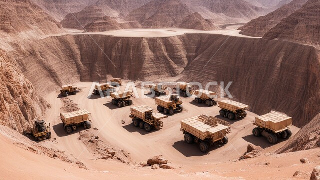 Mineral exploration areas, natural coal mine locations, rocky nature and terrain of mountain ranges, highlands and mountain peaks in the Kingdom of Saudi Arabia, a large cargo truck working at the mining site, removing dirt and rocks and transporting them away