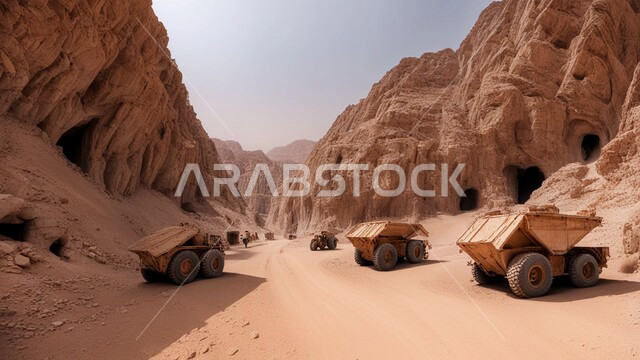Mineral exploration areas, natural coal mine locations, rocky nature and terrain of mountain ranges, highlands and mountain peaks in the Kingdom of Saudi Arabia, a large cargo truck working at the mining site, removing dirt and rocks and transporting them away
