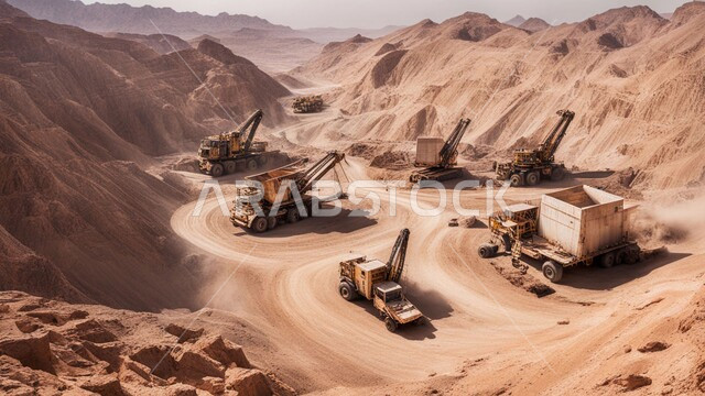 مناطق التنقيب عن الثروات الباطنية، أماكن مناجم الفحم الطبيعي، الطبيعة الصخرية وتضاريس السلاسل الجبلية، المرتفعات وقمم الجبال في المملكة العربية السعودية، سيارة شحن كبيرة تقوم بالعمل في موقع التعدين، التخلص من الأتربة والصخور ونقلها بعيدا