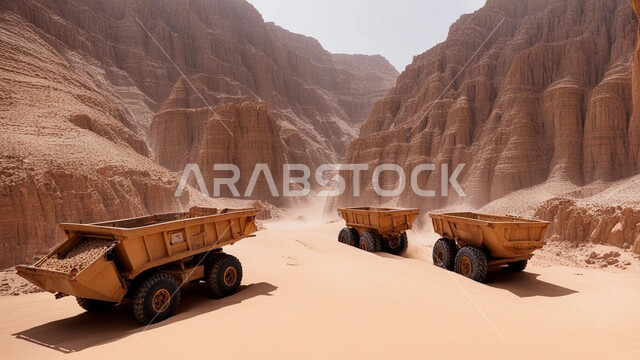 Mineral exploration areas, natural coal mine locations, rocky nature and terrain of mountain ranges, highlands and mountain peaks in the Kingdom of Saudi Arabia, a large cargo truck working at the mining site, removing dirt and rocks and transporting them away