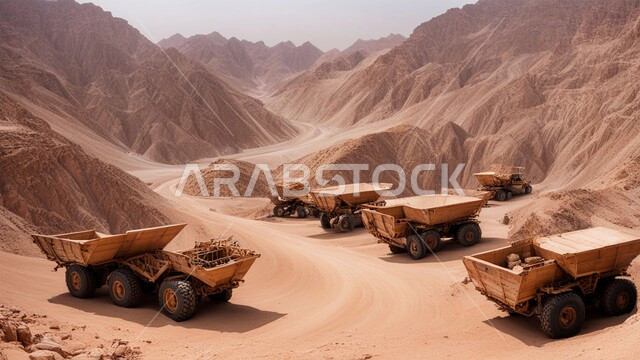 مناطق التنقيب عن الثروات الباطنية، أماكن مناجم الفحم الطبيعي، الطبيعة الصخرية وتضاريس السلاسل الجبلية، المرتفعات وقمم الجبال في المملكة العربية السعودية، سيارة شحن كبيرة تقوم بالعمل في موقع التعدين، التخلص من الأتربة والصخور ونقلها بعيدا