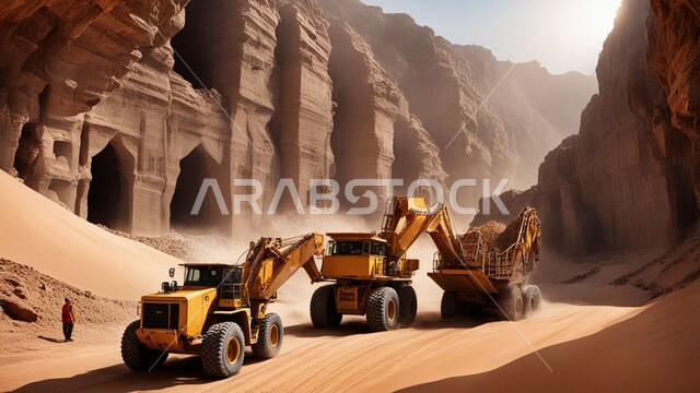 أماكن المناجم في المملكة العربية السعودية سيارة شحن كبيرة تقوم بالعمل في موقع التعدين، مناطق التنقيب عن الثروات الباطنية، الطبيعة الصخرية وتضاريس السلاسل الجبلية، التخلص من الأتربة والصخور ونقلها بعيدا