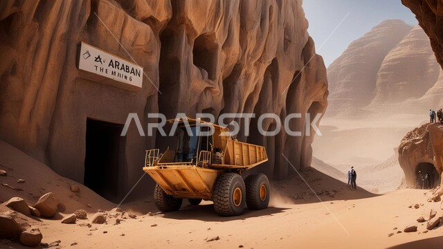 أماكن المناجم في المملكة العربية السعودية سيارة شحن كبيرة تقوم بالعمل في موقع التعدين، مناطق التنقيب عن الثروات الباطنية، الطبيعة الصخرية وتضاريس السلاسل الجبلية، التخلص من الأتربة والصخور ونقلها بعيدا