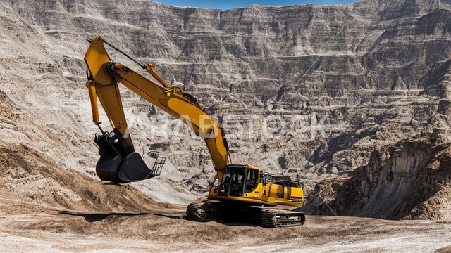 Large truck working at mining site, Arab natural coal mines, underground wealth exploration areas, rocky nature and mountain range terrain, highlands and mountain peaks in Saudi Arabia