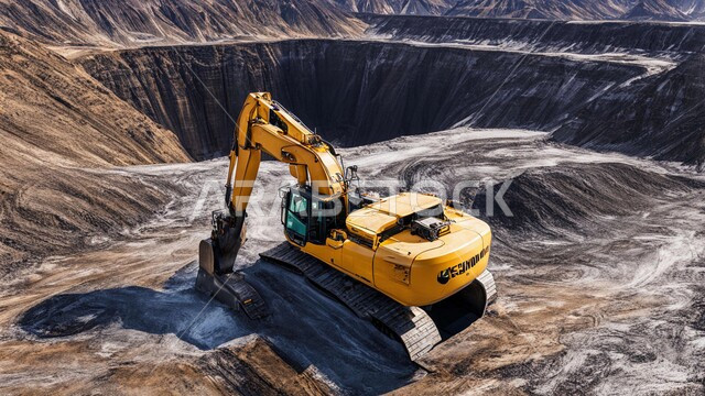 المرتفعات وقمم الجبال في المملكة العربية السعودية، سيارة شحن كبيرة تقوم بالعمل في موقع التعدين ، مناجم الفحم الطبيعي العربية، مناطق التنقيب عن الثروات الباطنية، الطبيعة الصخرية وتضاريس السلاسل الجبلية