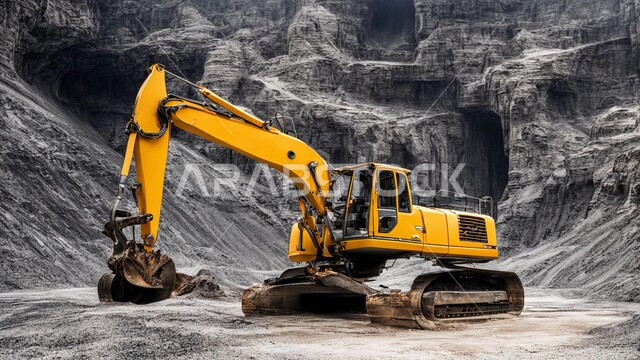 Large truck working at mining site, Arab natural coal mines, underground wealth exploration areas, rocky nature and mountain range terrain, highlands and mountain peaks in Saudi Arabia