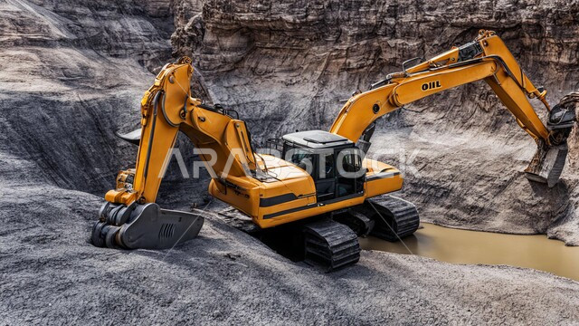 المرتفعات وقمم الجبال في المملكة العربية السعودية، سيارة شحن كبيرة تقوم بالعمل في موقع التعدين ، مناجم الفحم الطبيعي العربية، مناطق التنقيب عن الثروات الباطنية، الطبيعة الصخرية وتضاريس السلاسل الجبلية