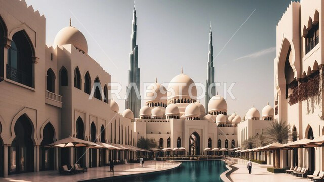 الفن الهندسي المعماري على الطراز الاسلامي , منظر تخيلي مستقبلي للتقدم و النمو العمراني للقبب والمآذن في الامارات العربية المتحدة, رؤية مستقبلية 2031, بناء مستقبل حضاري ومتطور