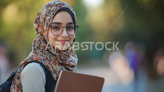 مفهوم الجد والإجتهاد، صورة مقربة لطالبة جامعية عربية سعودية خليجية محجبة ترتدي النظارة الطبية تحمل الكتب الجامعية تنظر الى الكاميرا بإيماءات الثقة بالنفس، الاستعداد للعام الدراسي الجامعي الجديد، التعليم الأكاديمي في المملكة العربية السعودية