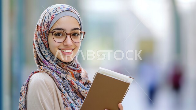 مفهوم الجد والإجتهاد، صورة مقربة لطالبة جامعية عربية سعودية خليجية محجبة ترتدي النظارة الطبية تحمل الكتب الجامعية تنظر الى الكاميرا بإيماءات الثقة بالنفس، الاستعداد للعام الدراسي الجامعي الجديد، التعليم الأكاديمي في المملكة العربية السعودية
