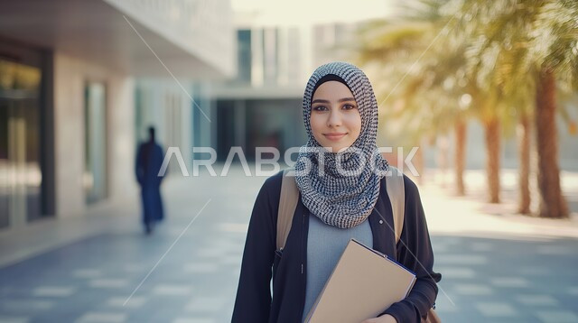 مفهوم الجد والإجتهاد، صورة مقربة لطالبة جامعية عربية سعودية خليجية محجبة ترتدي تحمل الكتب الجامعية تنظر الى الكاميرا بإيماءات الثقة بالنفس، الاستعداد للعام الدراسي الجامعي الجديد، التعليم الأكاديمي في المملكة العربية السعودية