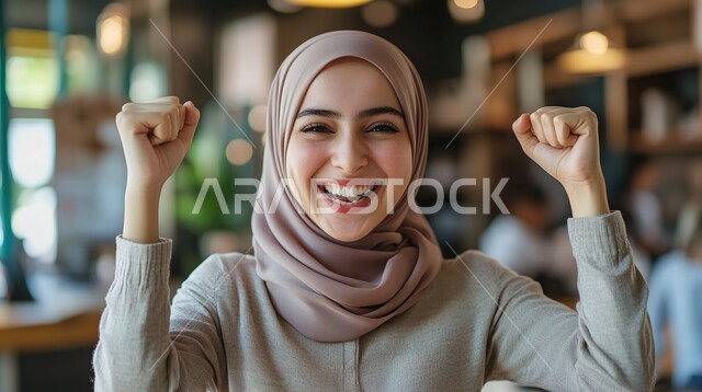 Concept of achievement, victory and success, close-up of veiled Saudi Arabian Gulf woman looking at camera raising her hand up in victory gesture, achieving goals and successes, feeling joy and happiness, blurry background