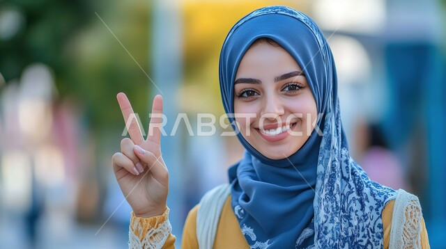 مفهوم الإنجاز والفوز والنجاح، صورة مقربة لإمرأة عربية سعودية خليجية محجبة تنظر الى الكاميرا ترفع يدها للاعلى بإيماءات الانتصار، تحقيق الأهداف والنجاحات، الشعور بالفرح والسعادة، خلفية ضبابية