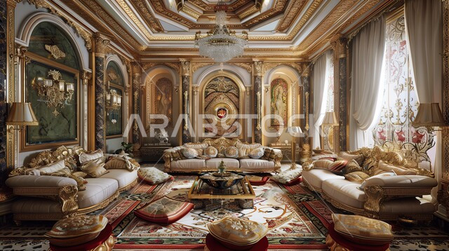 Modern antiques and accessories, elegant designs for comfortable living rooms in modern style, living room with luxurious home furniture in elegant colors, distinctive luxury interior decorations, residential apartments and villas in the Kingdom of Saudi Arabia