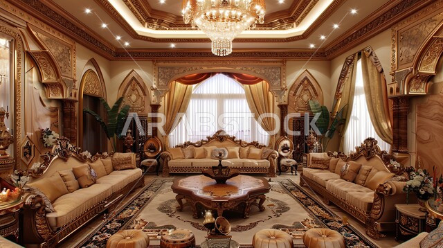 Distinctive luxury interior decorations, residential apartments and villas in the Kingdom of Saudi Arabia, modern antiques and accessories, elegant designs for comfortable living rooms in modern style, living room with luxurious home furniture in elegant colors