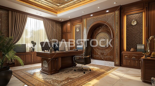 Modern designs for corporate offices in Saudi Arabia, luxurious modern decorations, office with high-end modern style decoration, elegant interior design, elegant office equipment with comfortable office furniture