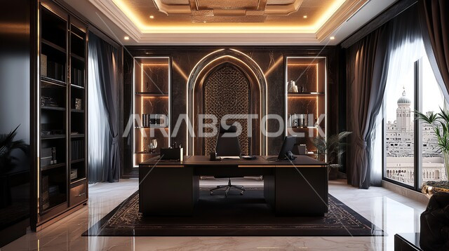 Modern designs for corporate offices in Saudi Arabia, luxurious modern decorations, office with high-end modern style decoration, elegant interior design, elegant office equipment with comfortable office furniture