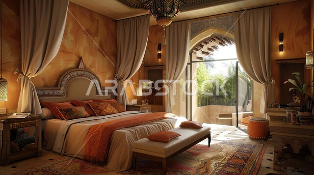 Elegant designs for comfortable bedrooms in modern style, bedroom with bed and luxury home furniture in elegant colors, distinctive luxury interior decorations, residential apartments and villas in the Kingdom of Saudi Arabia, modern antiques and accessories