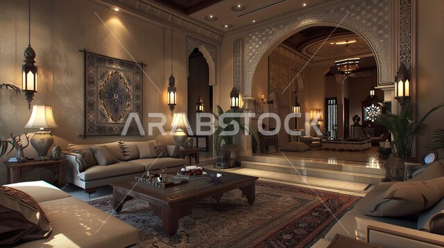 Elegant designs for comfortable living rooms in modern style, living room with luxurious home furniture in elegant colors, distinctive luxury interior decorations, residential apartments and villas in Saudi Arabia, modern antiques and accessories