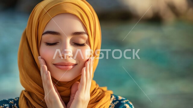 مفهوم الاستراخاء والراحة، صورة مقربة لامرأة عربيه خليجيه سعوديه محجبه تغمض عينيها بإيماءات التأمل وشرود الذهن، الشعور بالنعاس والحاجة الى النوم، تعابير المحافظة على الهدوء، خلفية ضبابية