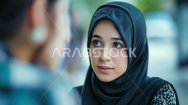 شرود الذهن في موضوع معين، تعابير الاندماج و الحيرة, صورة مقربة لامرأة عربية خليجية سعودية محجبة تضع يدها تحت رأسها تنظر الى شيء ما بإيماءات التأمل والتمعن والتخطيط لأمر معين، مفهوم التفكير وإيجاد الحلول لمشكلة ما