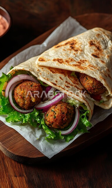Delicious breakfast, close-up of sandwich stuffed with fried falafel discs with fresh vegetables and sliced ​​onions on white paper on wooden board, popular food recipes in Saudi Arabia restaurants