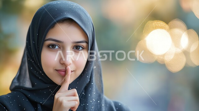 الهدوء والسكون وعدم الإزعاج، صورة مقربة لشابة عربية خليجية سعودية محجبة تضع أصبع السبابة على فمها بإيماءات طلب السكوت والصمت، مفهوم التوقف عن الكلام وخفض الصوت، الاهتمام بالأناقة والمظهر الخارجي، خلفية ضبابية
