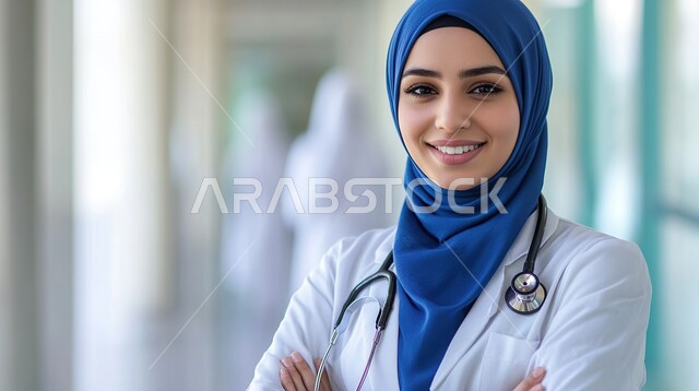 الاهتمام بالأناقة والمظهر الخارجي، صورة مقربة لطبيبة عربية خليجية سعودية مبتسمة محجبة ترتدي المعطف الطبي والسماعة تنظر الى الكاميرا بإيماءات الثقة بالنفس، مهن ووظائف نسائية، التقاط الصور الشخصية