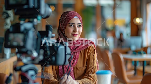 اجراء بث مباشر ( بودكاست ) عبر برامج التواصل الاجتماعي، سيدة عربية خليجية سعودية مبتسمة محجبة تقوم بإجراء مقابلة داخل الاستديو، معدات وأجهزة التصوير الحديثة، ايماءات الحماس والسرور، مهن ووظائف نسائية