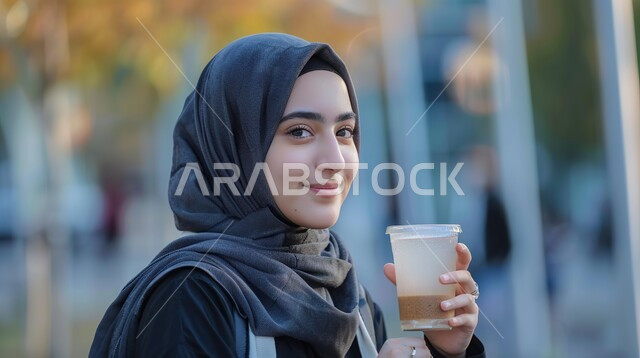 الاستمتاع بتناول المشروبات الساخنة، صورة مقربة لإمرأة عربية خليجية سعودية مبتسمة محجبة تحمل بيدها كوب من القهوة تنظر الى الكاميرا بإيماءات الأنوثة والنعومة، تعديل المزاج بتناول الكافيين, خلفية ضبابية