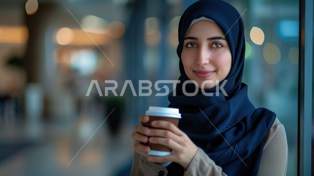 الاستمتاع بتناول المشروبات الساخنة، صورة مقربة لإمرأة عربية خليجية سعودية مبتسمة محجبة تحمل بيدها كوب من القهوة تنظر الى الكاميرا بإيماءات الأنوثة والنعومة، تعديل المزاج بتناول الكافيين, خلفية ضبابية