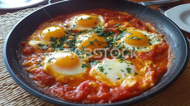 وجبة فطور صباحية مفيدة وسريعة، الاومليت اللذيذ المليء بالبروتينات الصحية، وجبات اتباع الحميات الغذائية، طبق البيض المقلي مع الطماطم والفلفل الحار المزين بالبقدونس، أطباق إفطار تقليدية، مأكولات طازجة مغذية