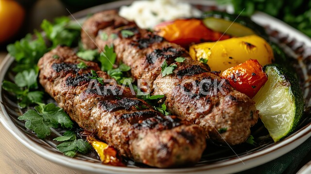 طبق من اللحوم المشوية مع الخضراوات, أغذية صحية ذات قيمة غذائية عالية, المأكولات الساخنة الشهية, أكلات عربية شعبية مشهورة, وصفات الأطعمة الشرقية اللذيذة, أطباق الوجبات المفيدة, الأساليب الفنية في تقديم الطعام في مطاعم المملكة العربية السعودية