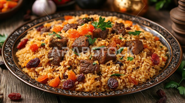 طبق من الأرز مع اللحم المشوي, أغذية صحية ذات قيمة غذائية عالية, المأكولات الساخنة الشهية, أكلات عربية شعبية مشهورة, وصفات الأطعمة الشرقية اللذيذة, أطباق الوجبات المفيدة, الأساليب الفنية في تقديم الطعام في مطاعم المملكة العربية السعودية