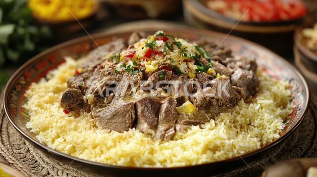 أغذية صحية ذات قيمة غذائية عالية, طبق من الأرز مع اللحم المشوي, المأكولات الساخنة الشهية, أكلات عربية شعبية مشهورة, وصفات الأطعمة الشرقية اللذيذة, أطباق الوجبات المفيدة, الأساليب الفنية في تقديم الطعام في مطاعم المملكة العربية السعودية