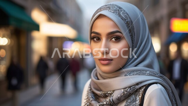 Walking confidently in the middle of a bustling city, a Saudi Arabian Gulf woman wearing an abaya and hijab looks at the camera with gestures of self-confidence and pleasure, the concept of femininity and softness, interest in beauty, elegance and outward appearance