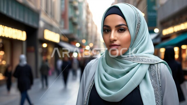 Walking confidently in the middle of a bustling city, a Saudi Arabian Gulf woman wearing an abaya and hijab looks at the camera with gestures of self-confidence and pleasure, the concept of femininity and softness, interest in beauty, elegance and outward appearance