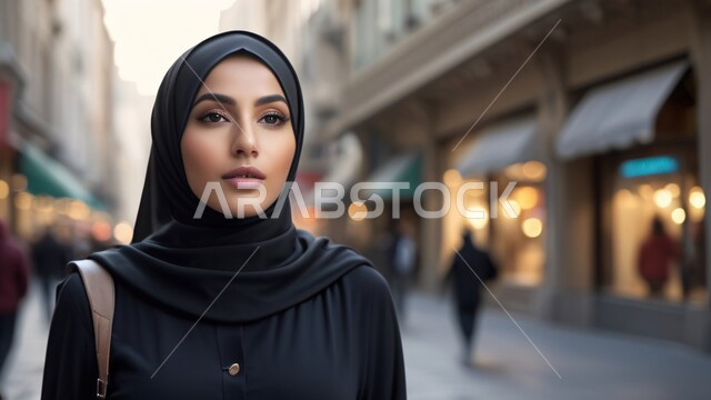 المشي بثقة في وسط مدينة صاخبة، امرأة عربية خليجية سعودية ترتدي العباءة والحجاب وتنظر إلى الكاميرا بإيماءات الثقة بالنفس والمتعة، مفهوم الأنوثة والنعومة، الاهتمام بالجمال والأناقة والمظهر الخارجي