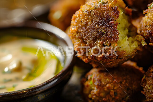 The art of presenting delicious popular breakfast meals in traditional Arab restaurants in Saudi Arabia, restaurants for oriental food, delicious food recipes, a plate of falafel discs with red sauce