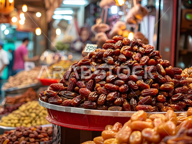 لقطة مقربة لسوق نابض بالحياة يعرض كومة من التمور.