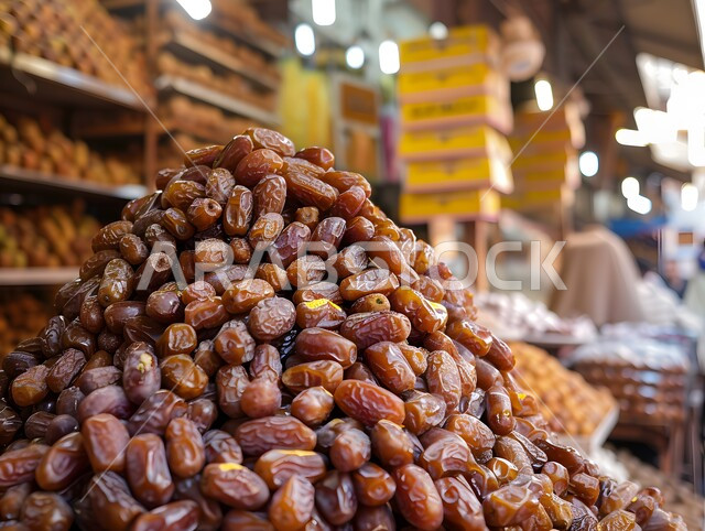 لقطة مقربة لسوق نابض بالحياة يعرض كومة من التمور.
